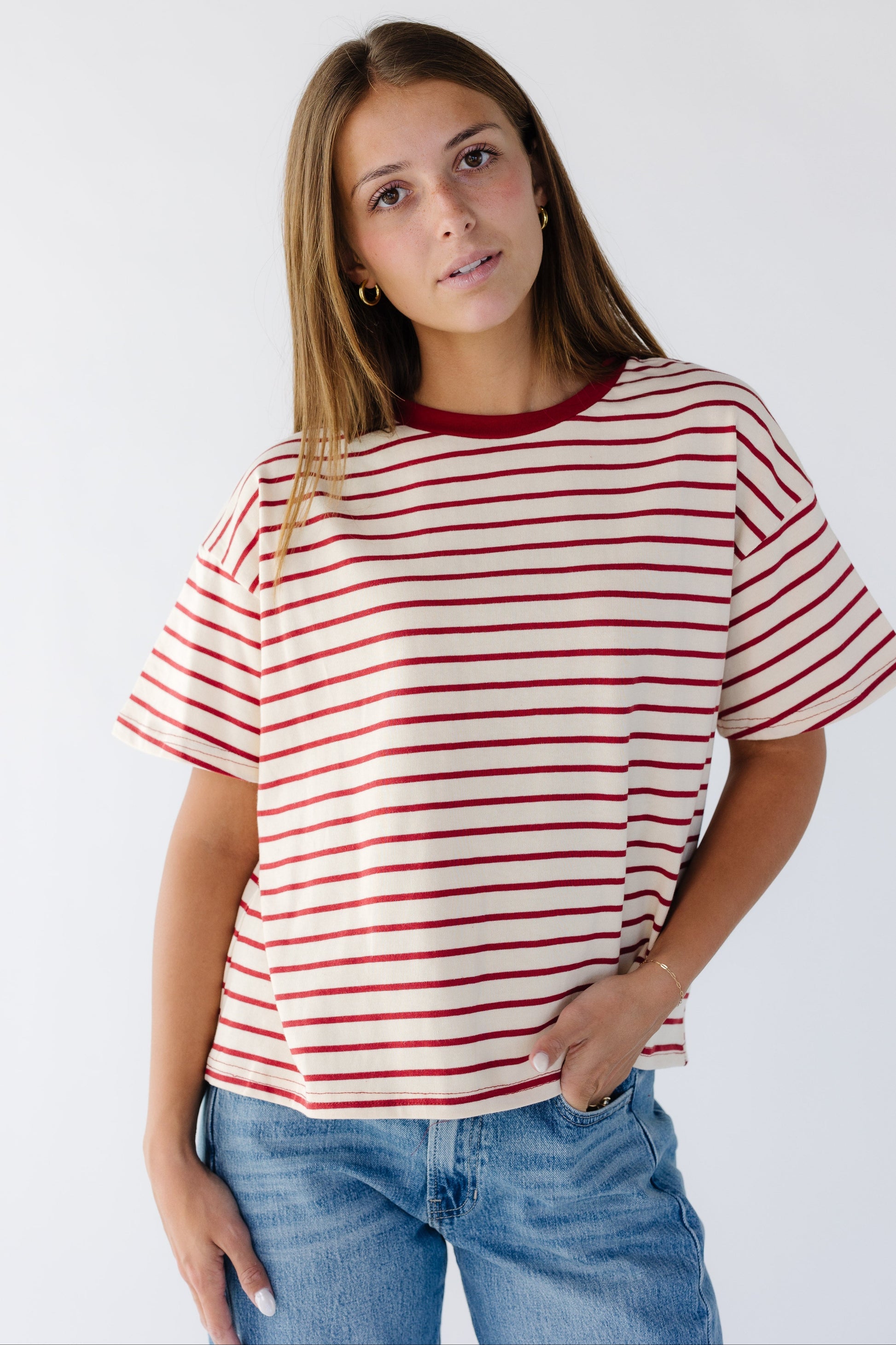 Landon Striped Knit Tee in cream and red stripe for women and teen girls