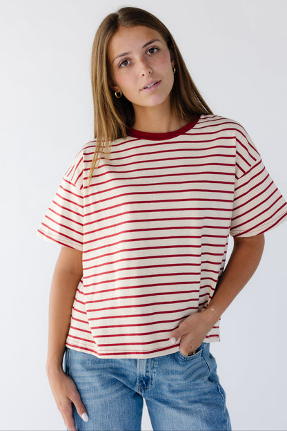 Landon Striped Knit Tee in cream and red stripe for women and teen girls