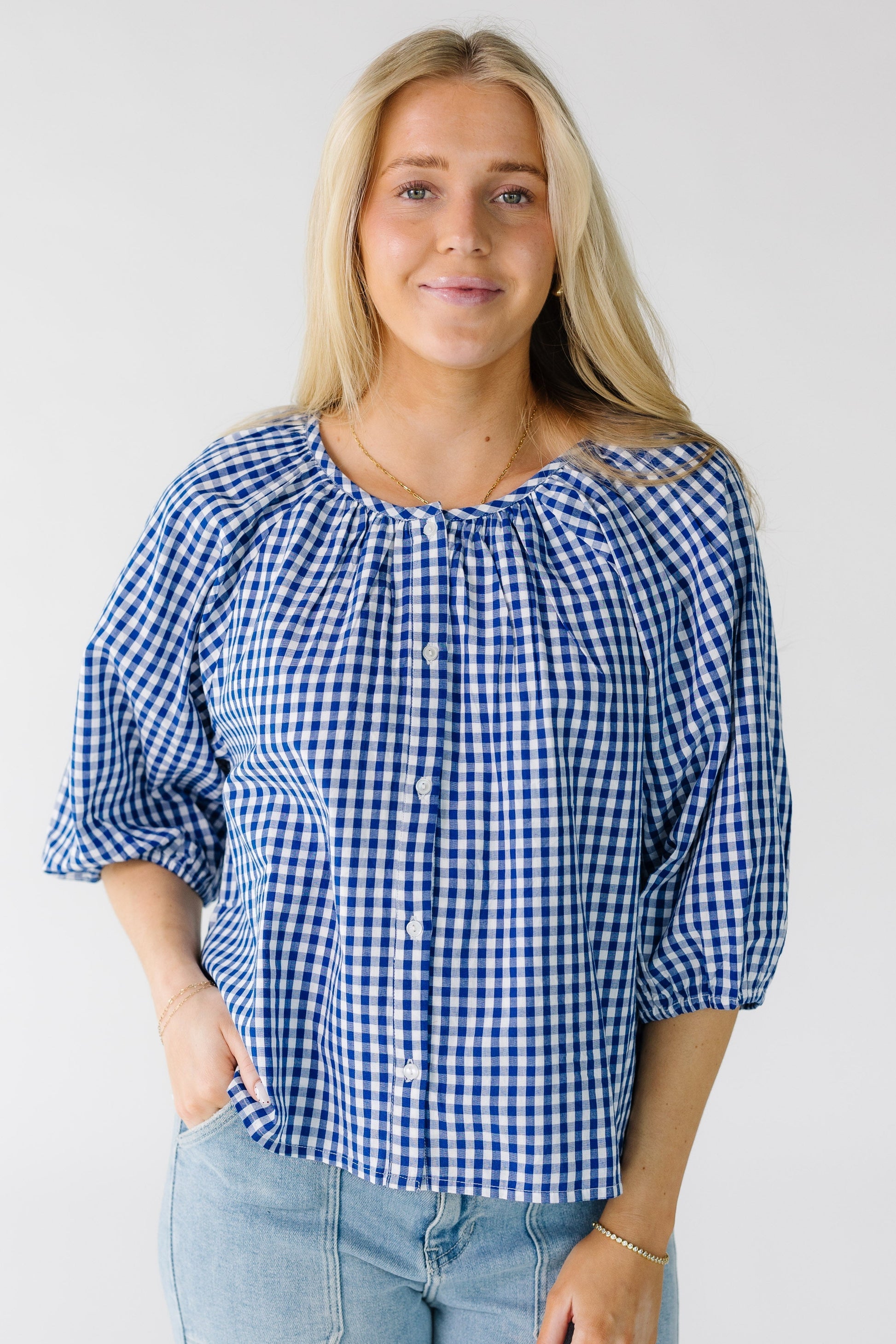 Citrus Southtown Spring Blouse in white and royal blue gingham for women and teens.