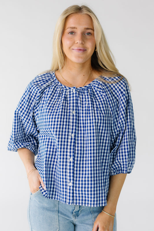 Citrus Southtown Spring Blouse in white and royal blue gingham for women and teens.