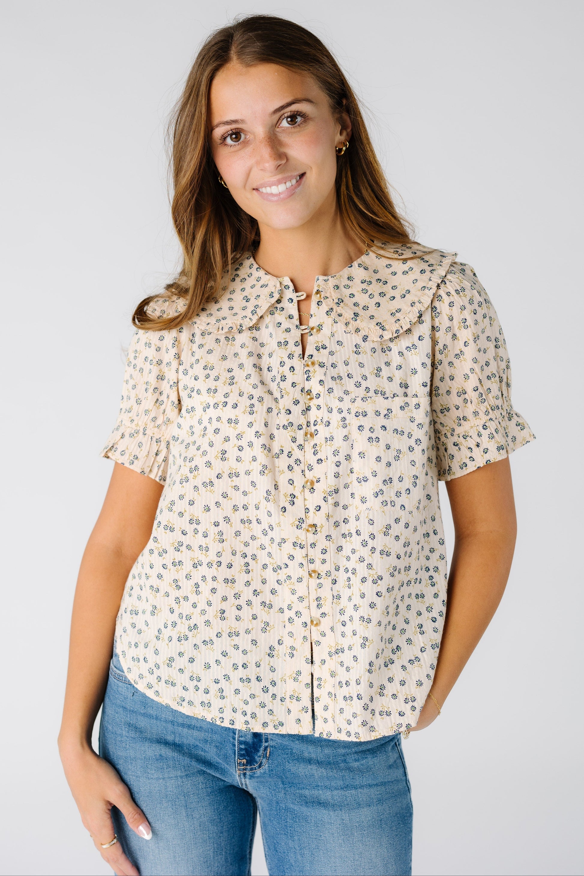 Citrus Ellie Collar Print Blouse WOMEN'S TOP Citrus Blue Floral XS 