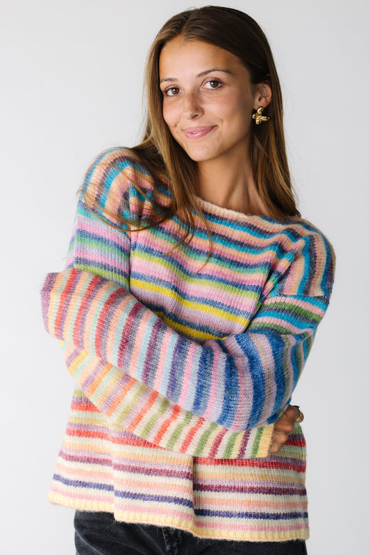 Dream On Striped Pullover Sweater (Each piece may vary by color) WOMEN'S SWEATERS Wishlist Sky/Purple S 