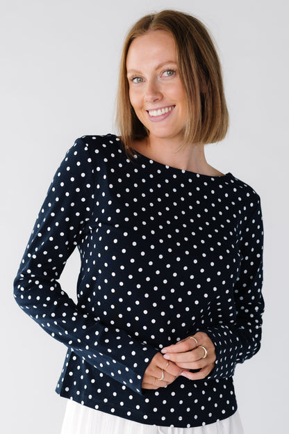 Modest women and teens navy polka do tee with long sleeves