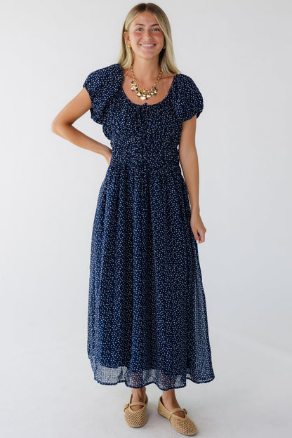 Starry Night Ditsy Chiffon Dress in navy print for women and teen girls.