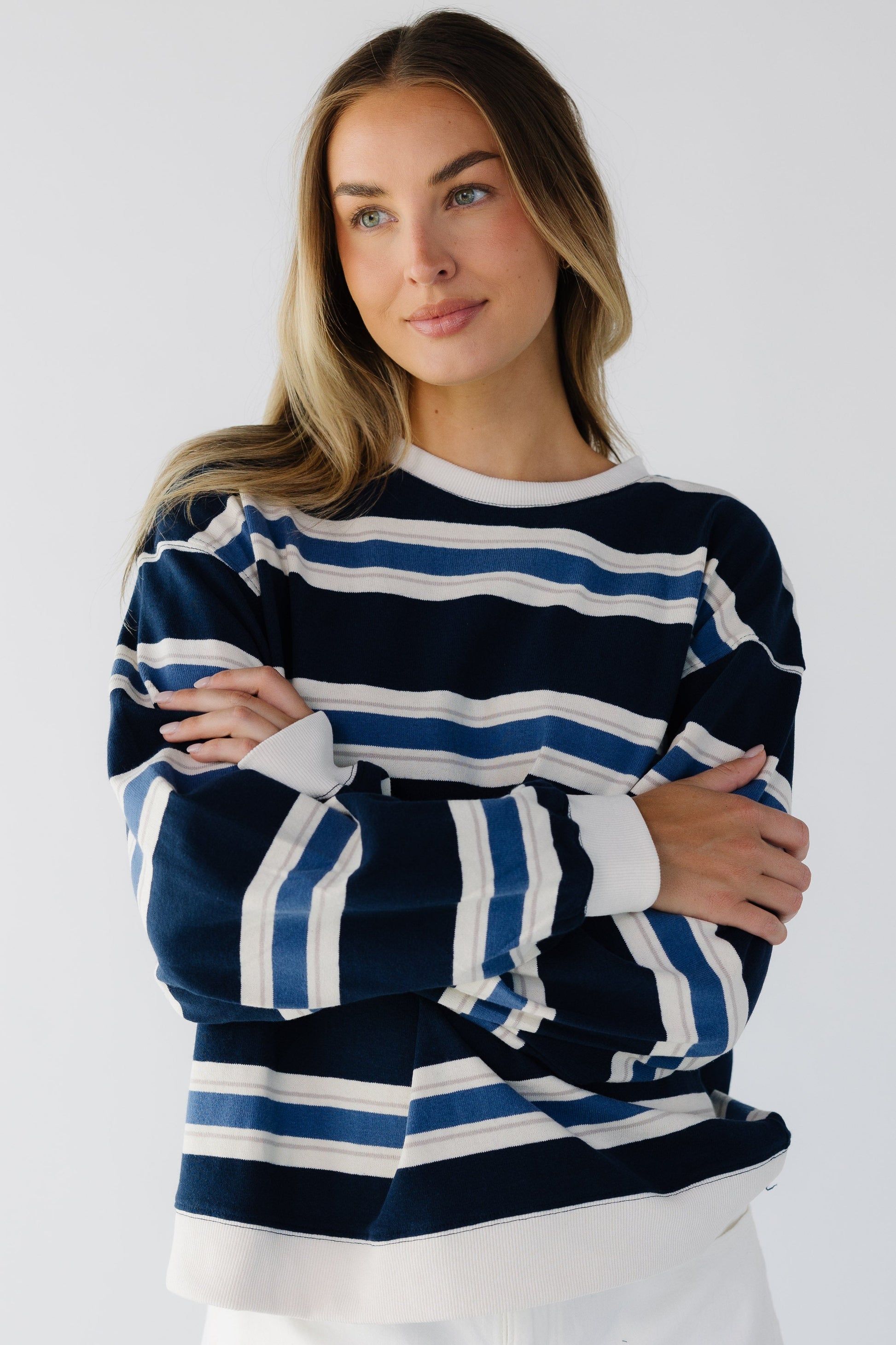 See You Later Striped Long Sleeve Knit in navy and blue & white stripe for women and teen girls.
