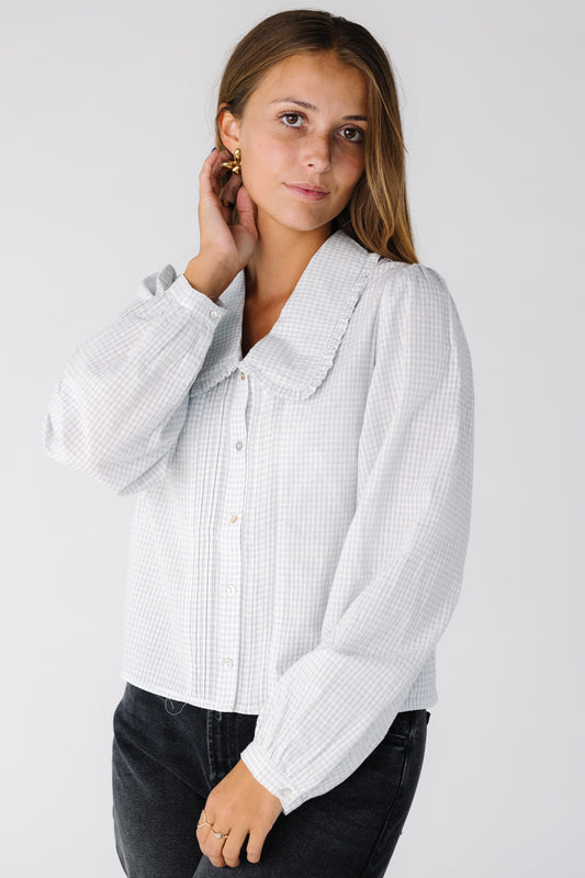 Every Occasion Ruffle Collar Blouse for women and teens in blue plaid
