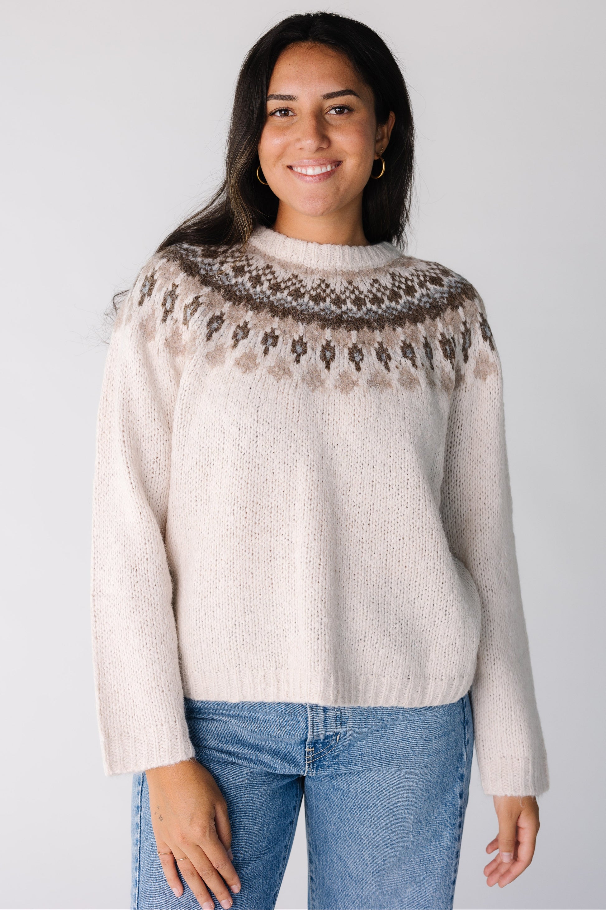 Fair Isle Crew Neck Sweater for women and teens in ivory