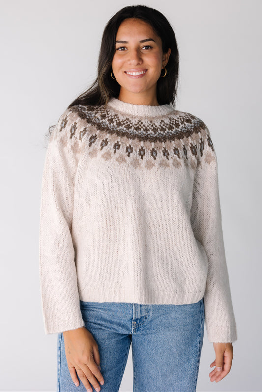 Fair Isle Crew Neck Sweater for women and teens in ivory