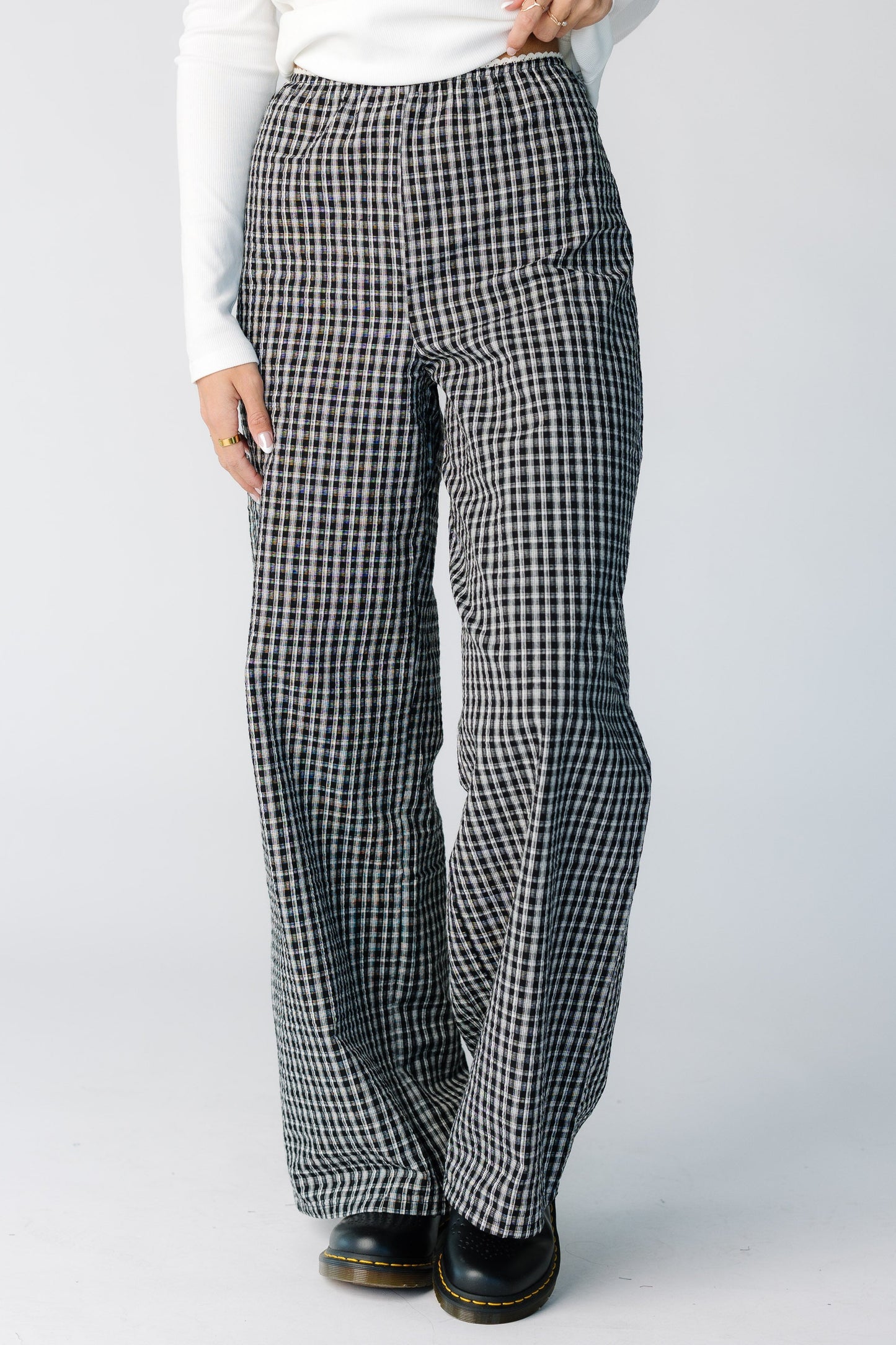 Black plaid wide cut pant with a high rise waist