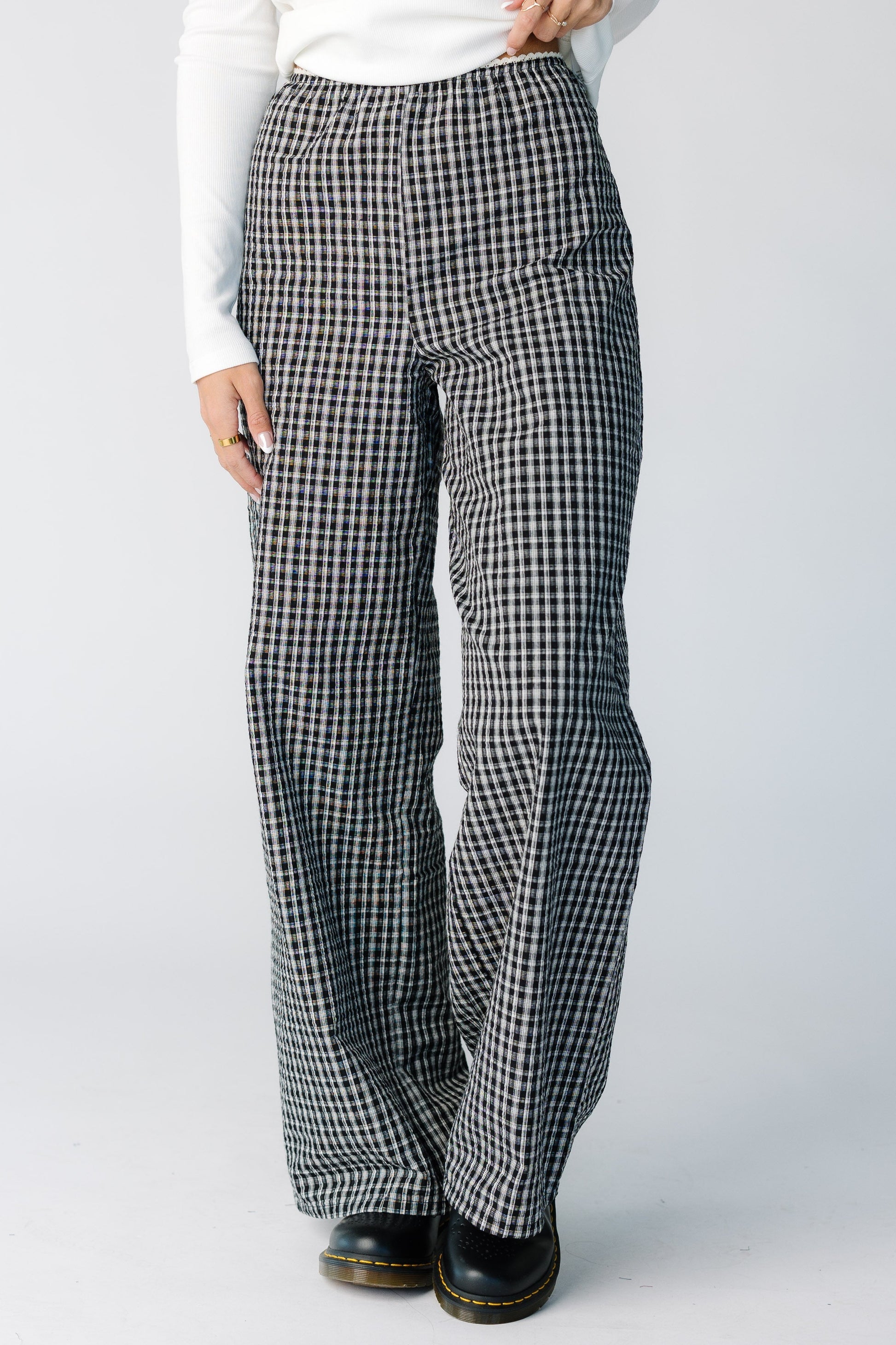 Black plaid wide cut pant with a high rise waist