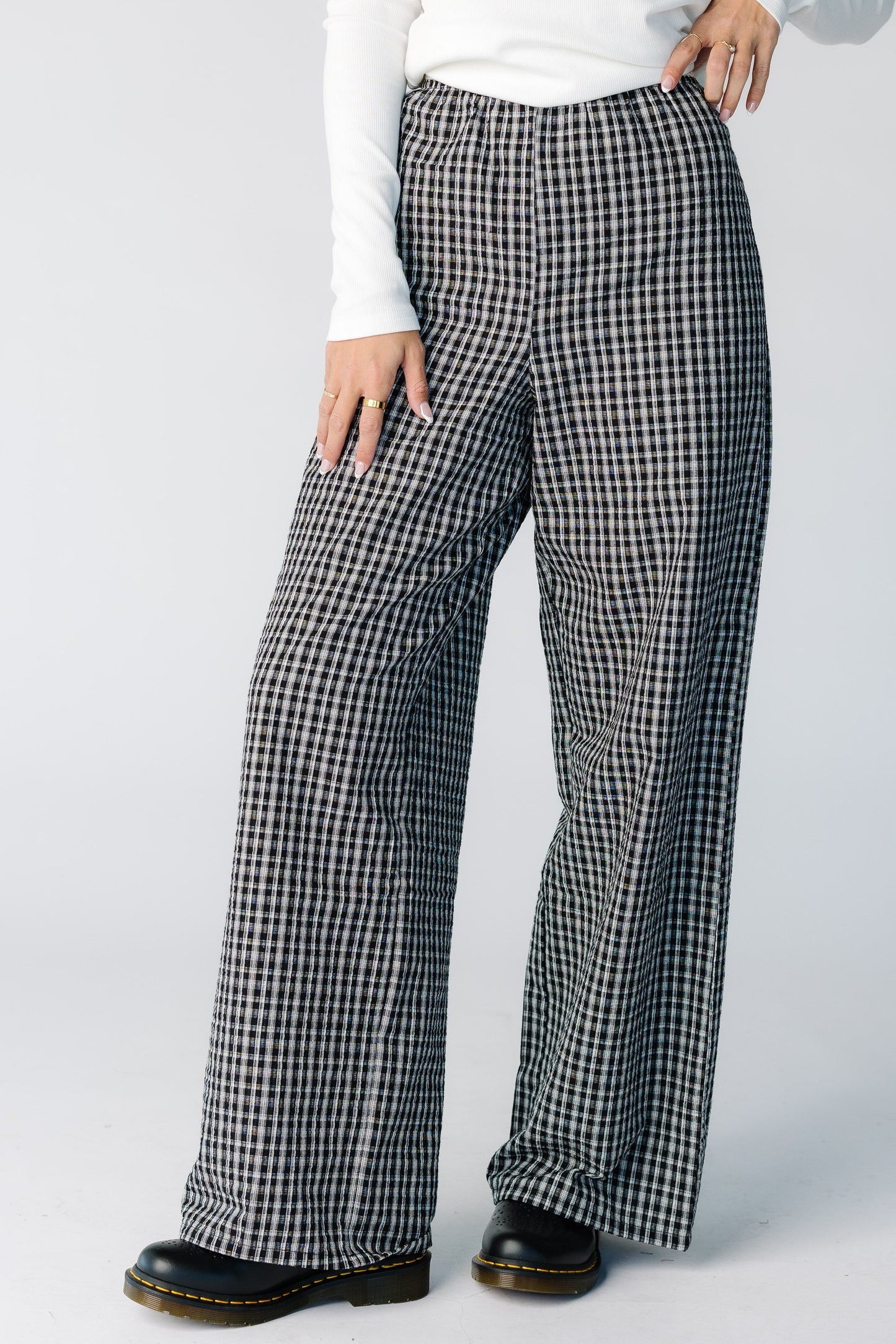Sally Checker Seersucker Pants in a black checker-plaid for women and teens