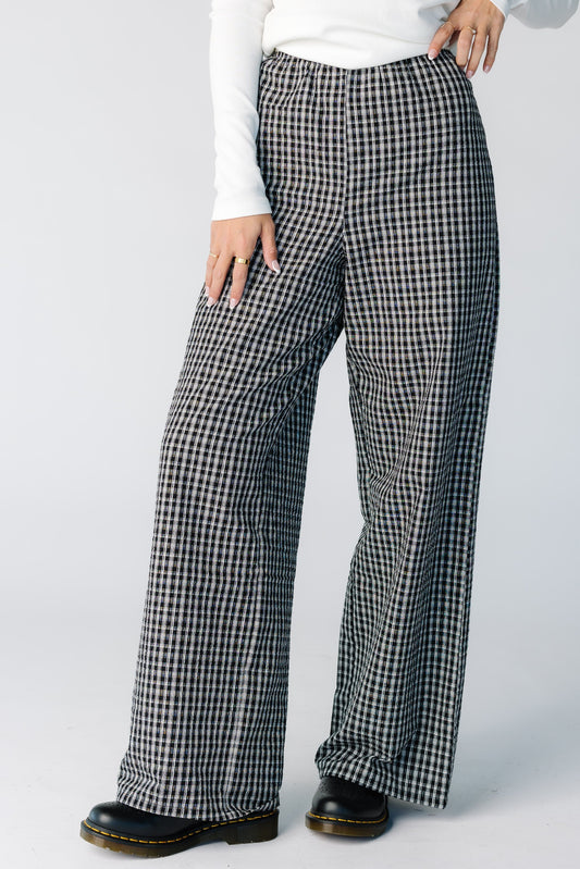 Sally Checker Seersucker Pants in a black checker-plaid for women and teens