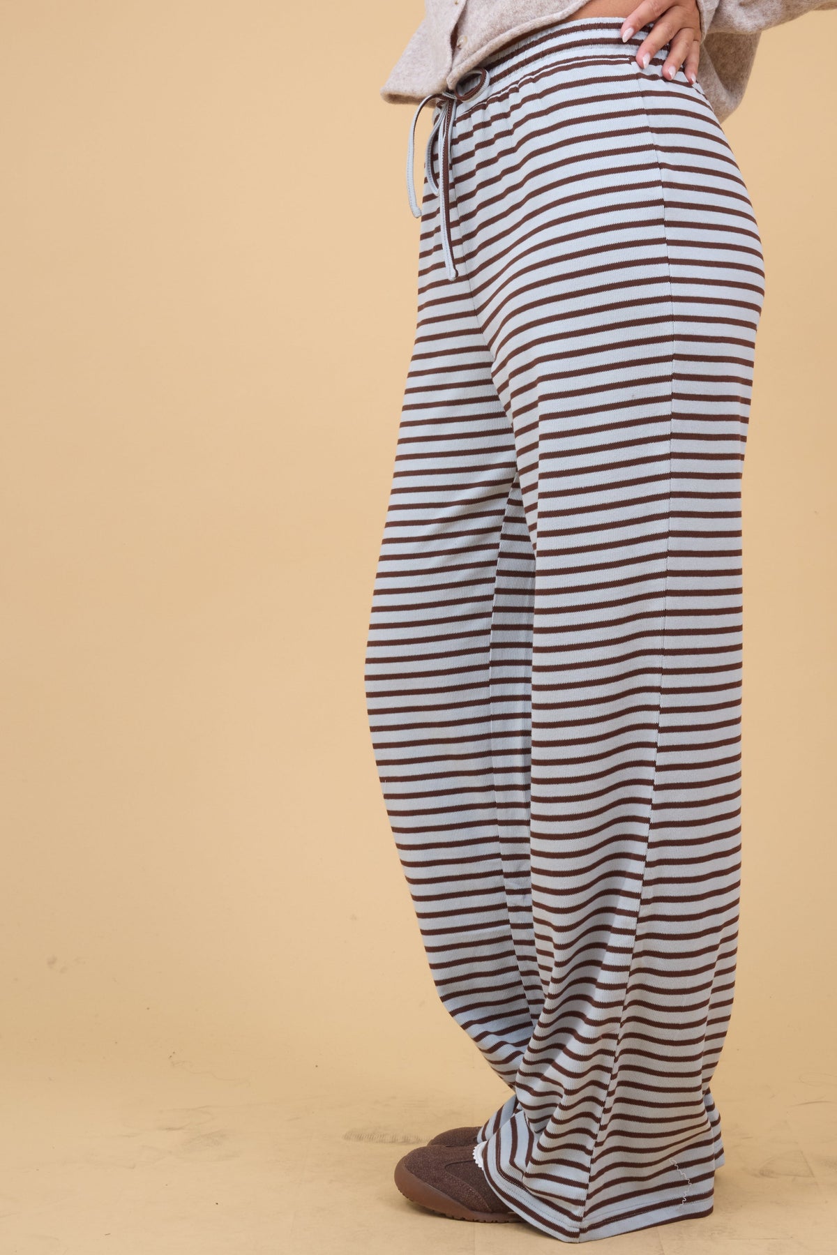 Paulina Drawstring Pants in light blue & brown stripe for women and teen girls.