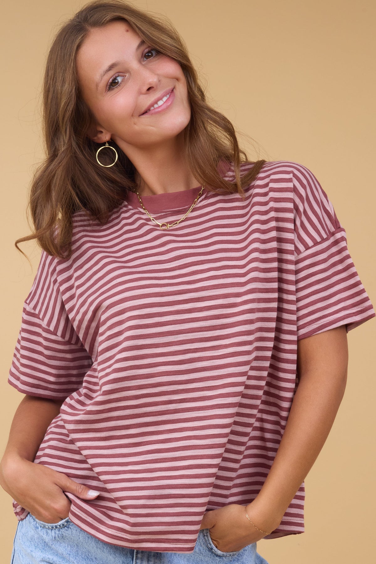 Sadie Oversized Tee in marsala mauve stripe for women & teen girls.
