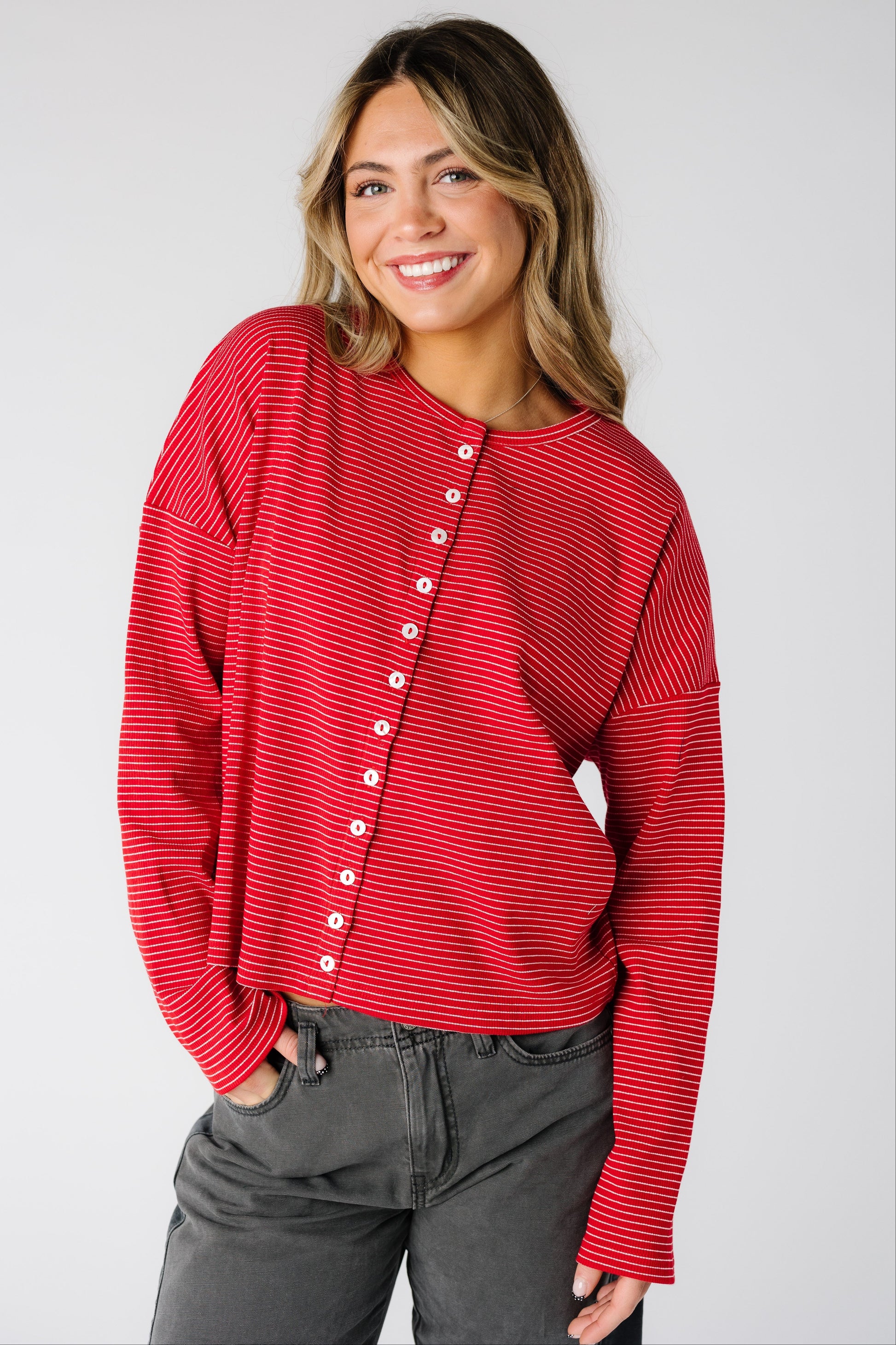 Highlight Ribbed Cardigan in red pinstripe for women and teens