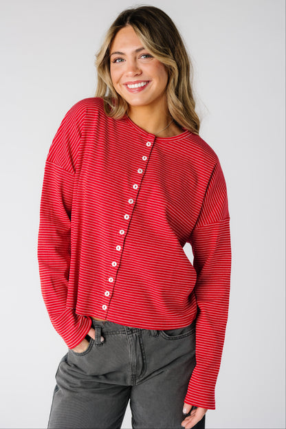 Highlight Ribbed Cardigan in red pinstripe for women and teens