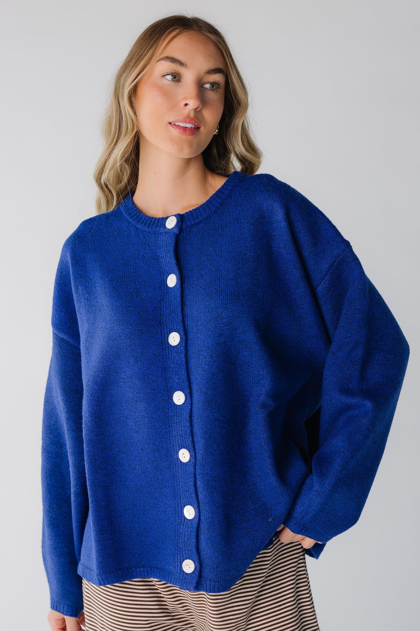 Modest women's long sleeve cardigan in blue