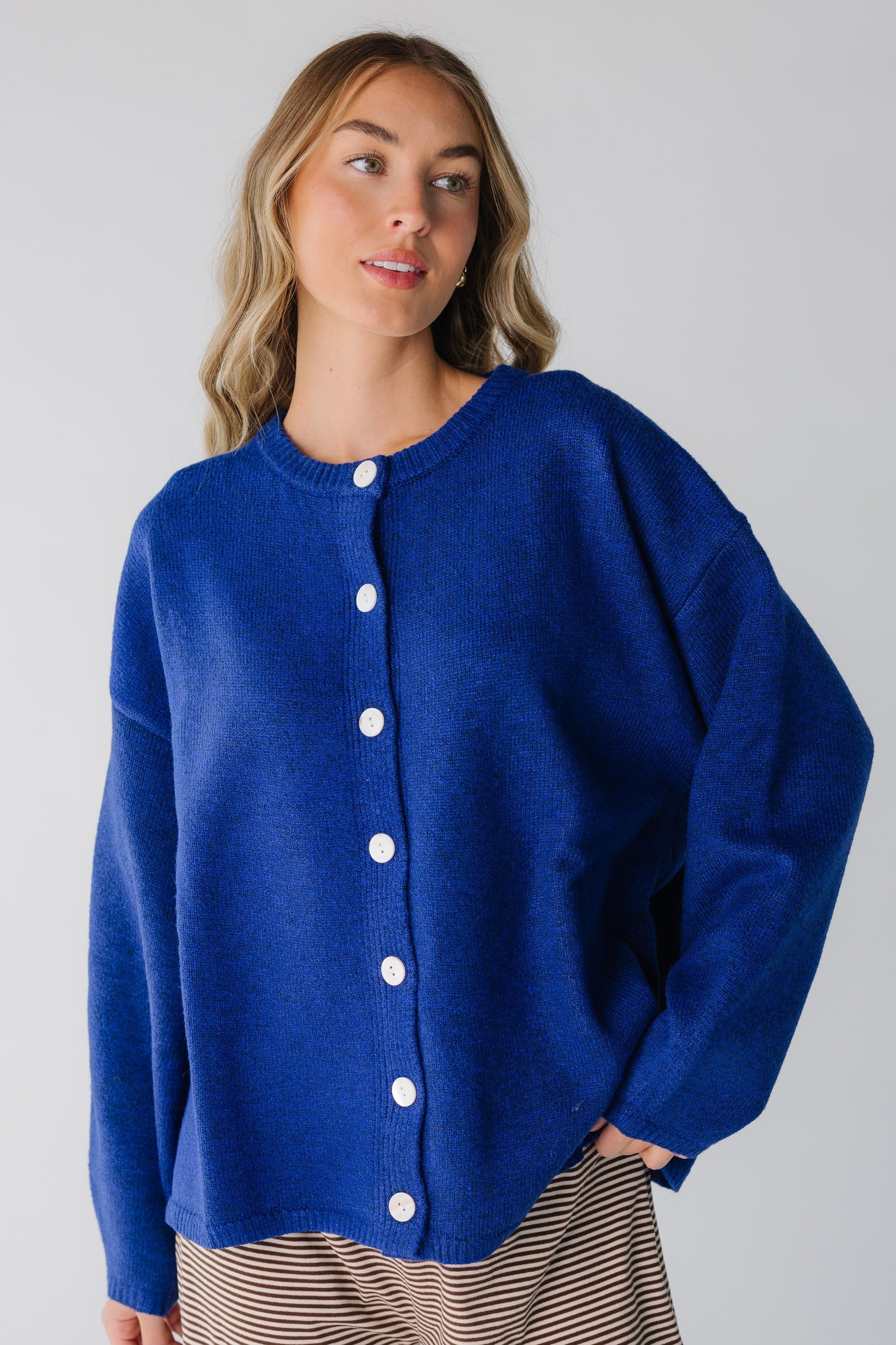 Modest women's long sleeve cardigan in blue