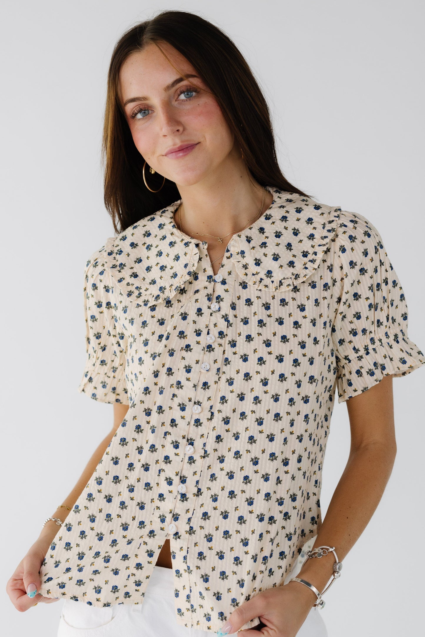 Citrus Ellie Collar Blouse in cream with blue print for women and teen girls.