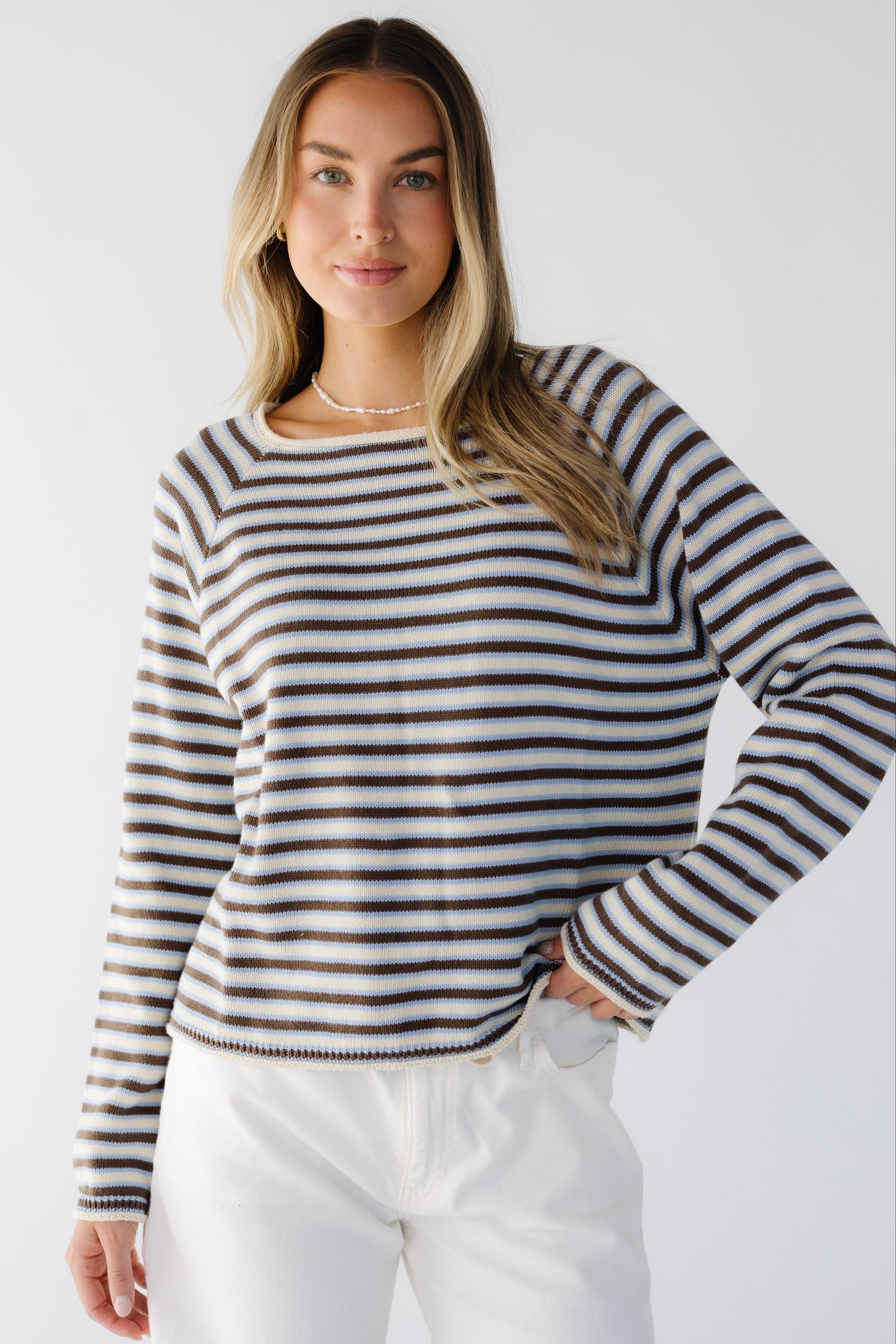 The Reformed Stripe Crew Neck Sweater Win cream, brown & blue stripe for women and teenage girls.