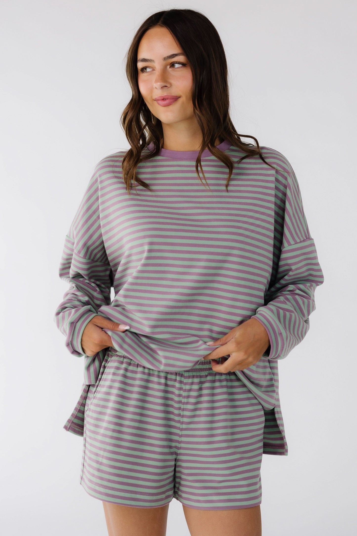 Cutie Everyday Shorts Set Women's Set in purple & green stripe for women and teenage girls.