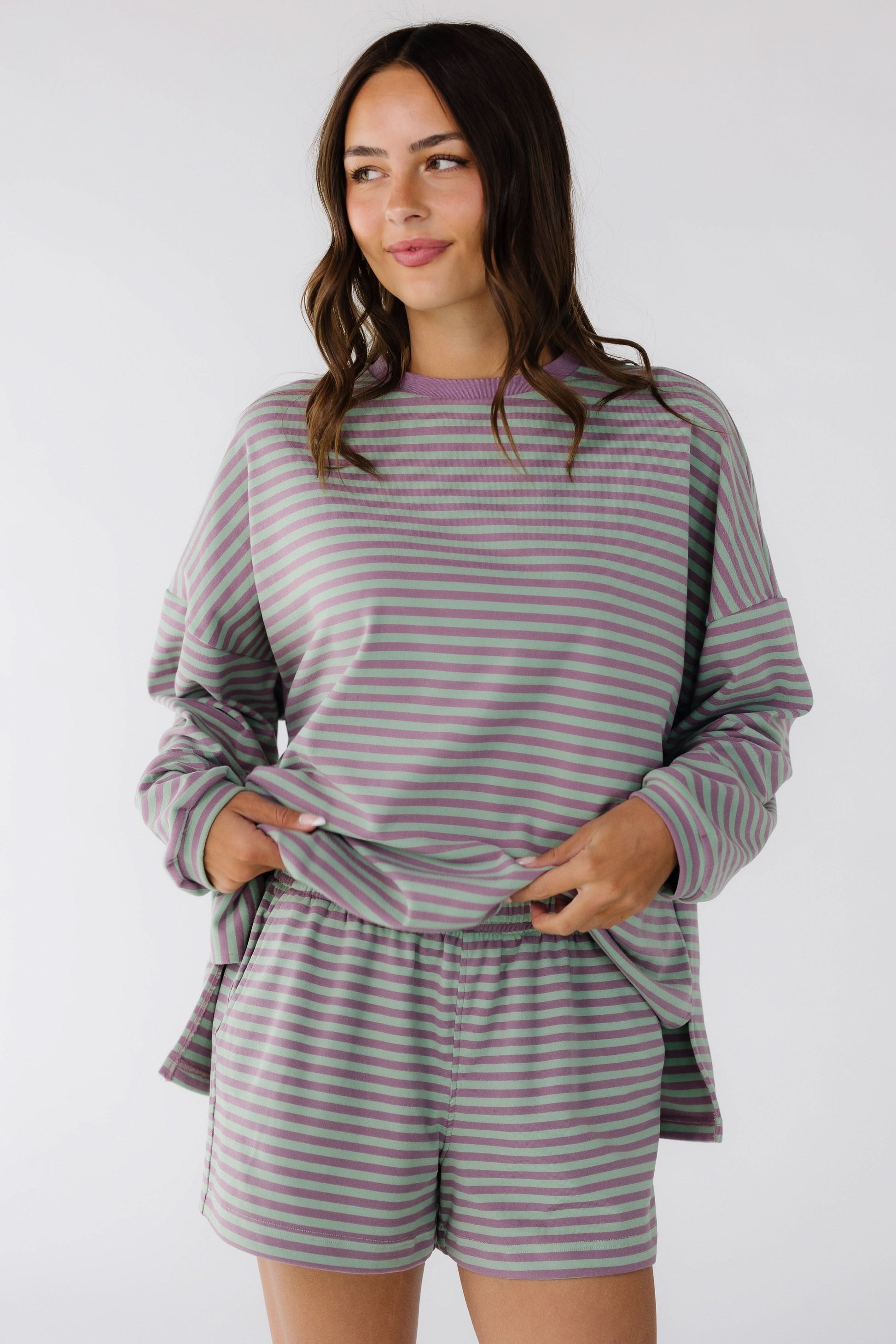 Cutie Everyday Shorts Set Women's Set in purple & green stripe for women and teenage girls.