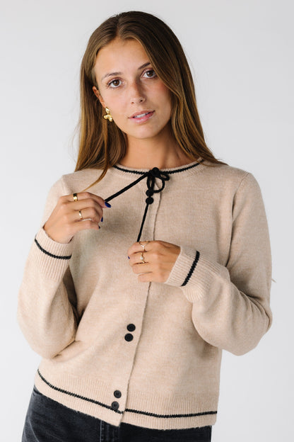 Classy Tie Cardigan for women and teens in taupe with black buttons and details