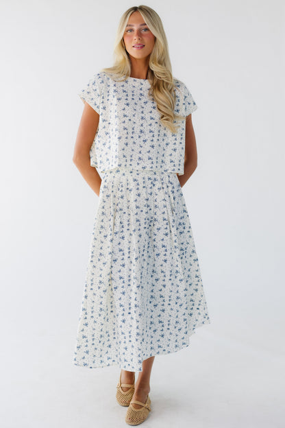 Brass & Roe Nia Skirt in cream & blue floral print for women and teen girls.