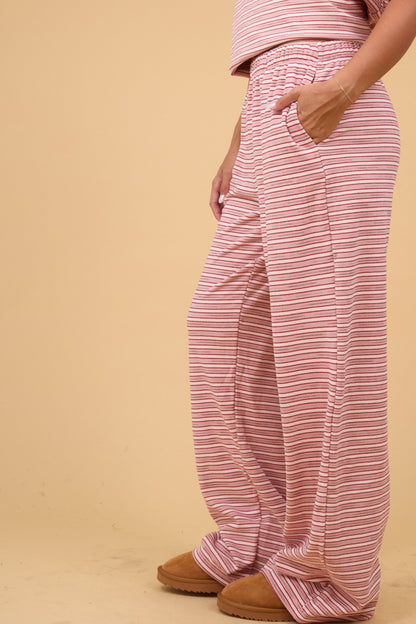 Brushed Knit Striped Pants in pink & white plush stripe with side pockets for women & teen girls.