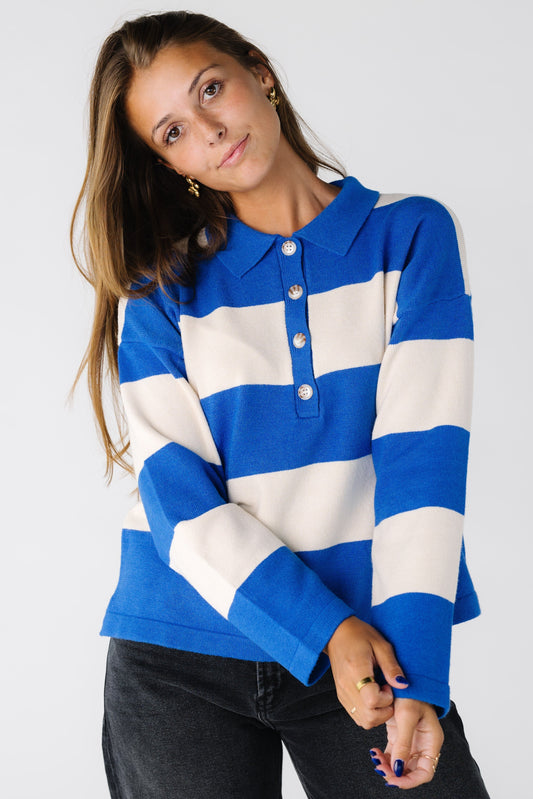 Game Day Stripe Button Pullover Sweater for women and teens in blue and white wide stripe