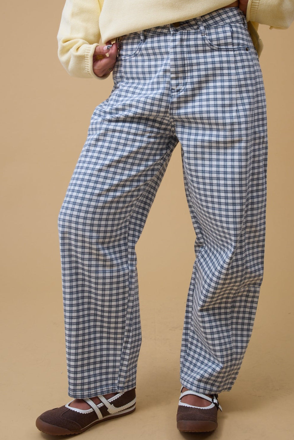 Mini Check Barrel Pants WOMEN'S PANTS Miou Muse Navy S 