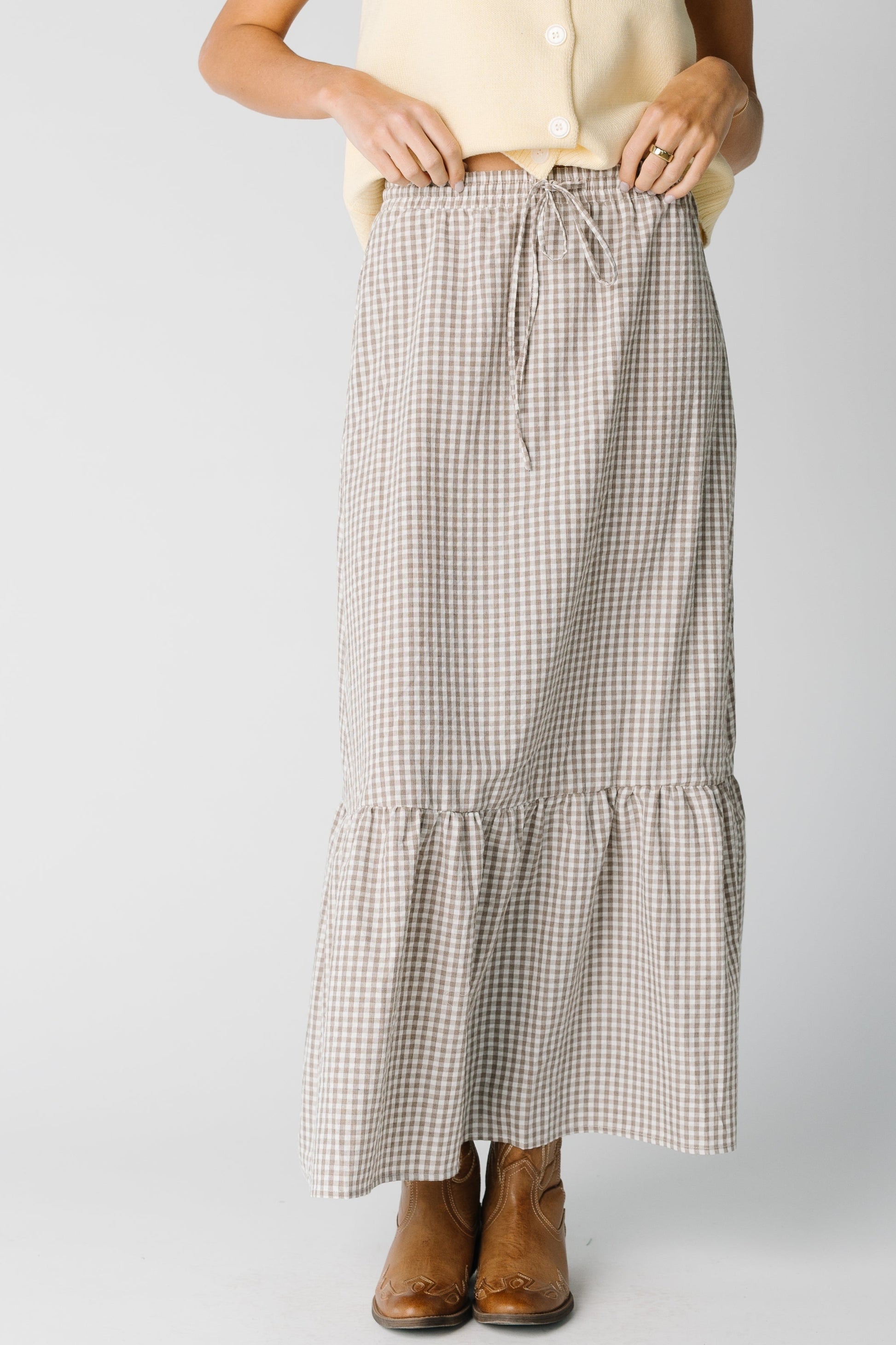 Modest maxi skirt in taupe gingham