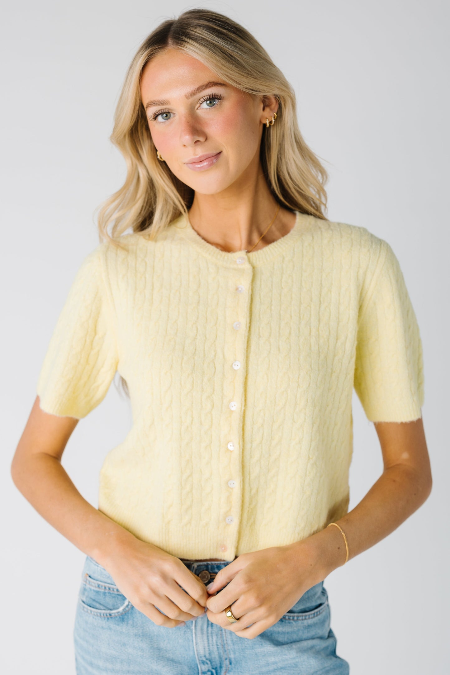 Lucy Cable Knit Short Sleeve Cardigan in pale yellow