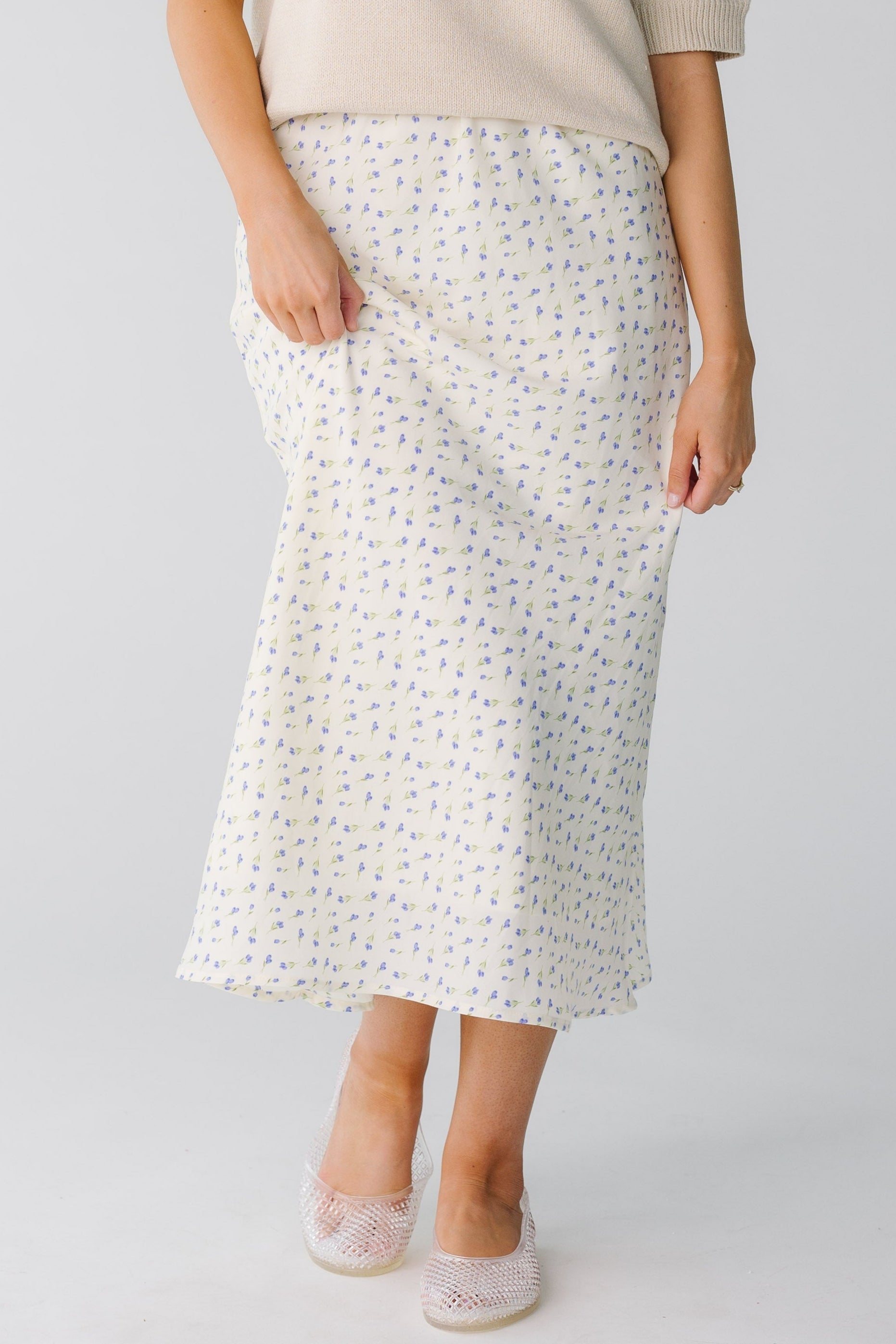 Modest white and blue floral print midi skirt