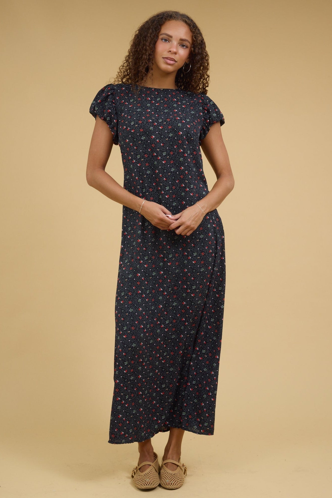 Brass & Roe The Tamara Maxi Dress in black floral print for women and teenae girls.