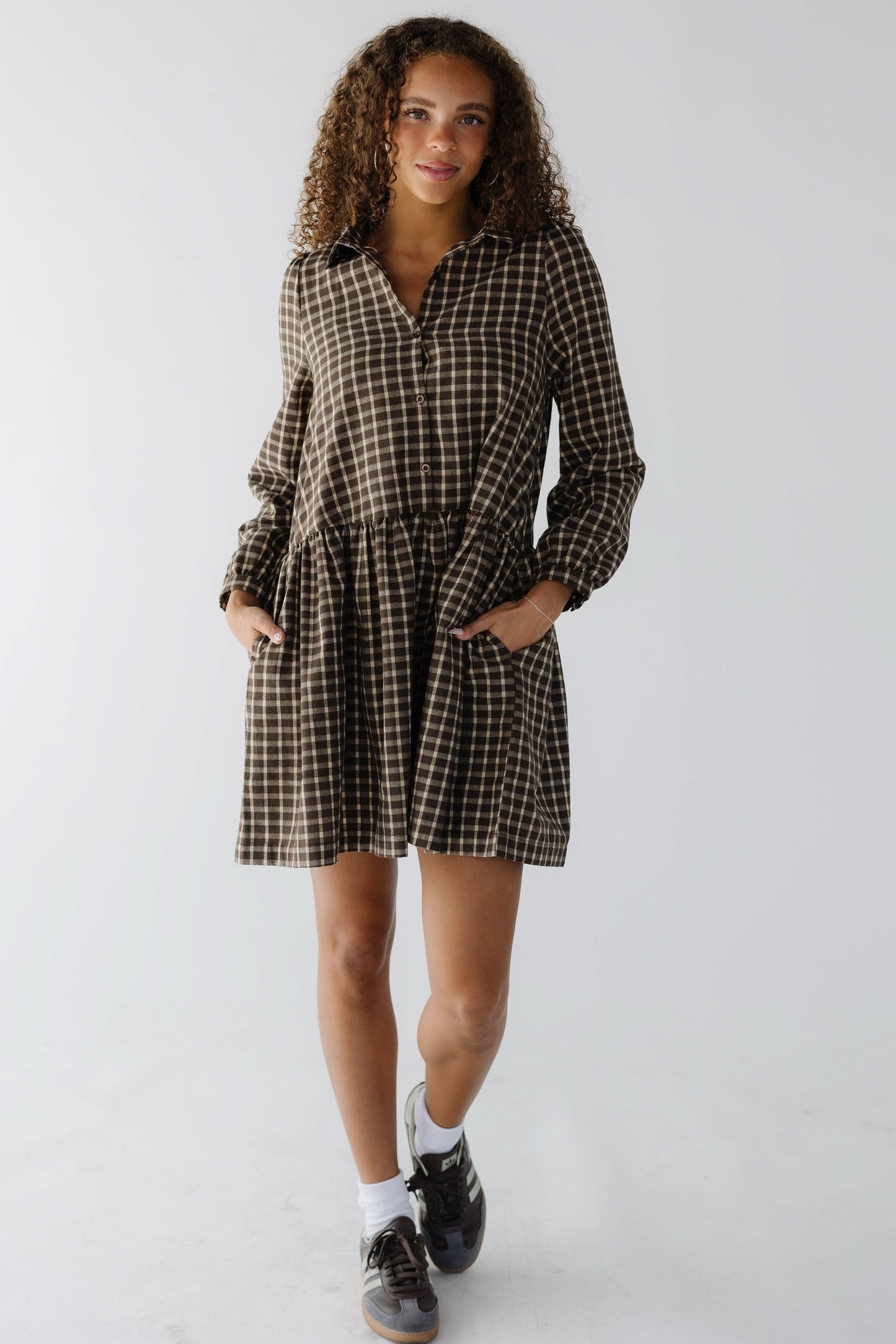 Brass & Roe Marnie Short Dress in brown plaid for women and teenage girls.