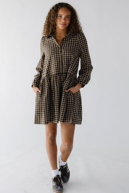 Brass & Roe Marnie Short Dress in brown plaid for women and teenage girls.