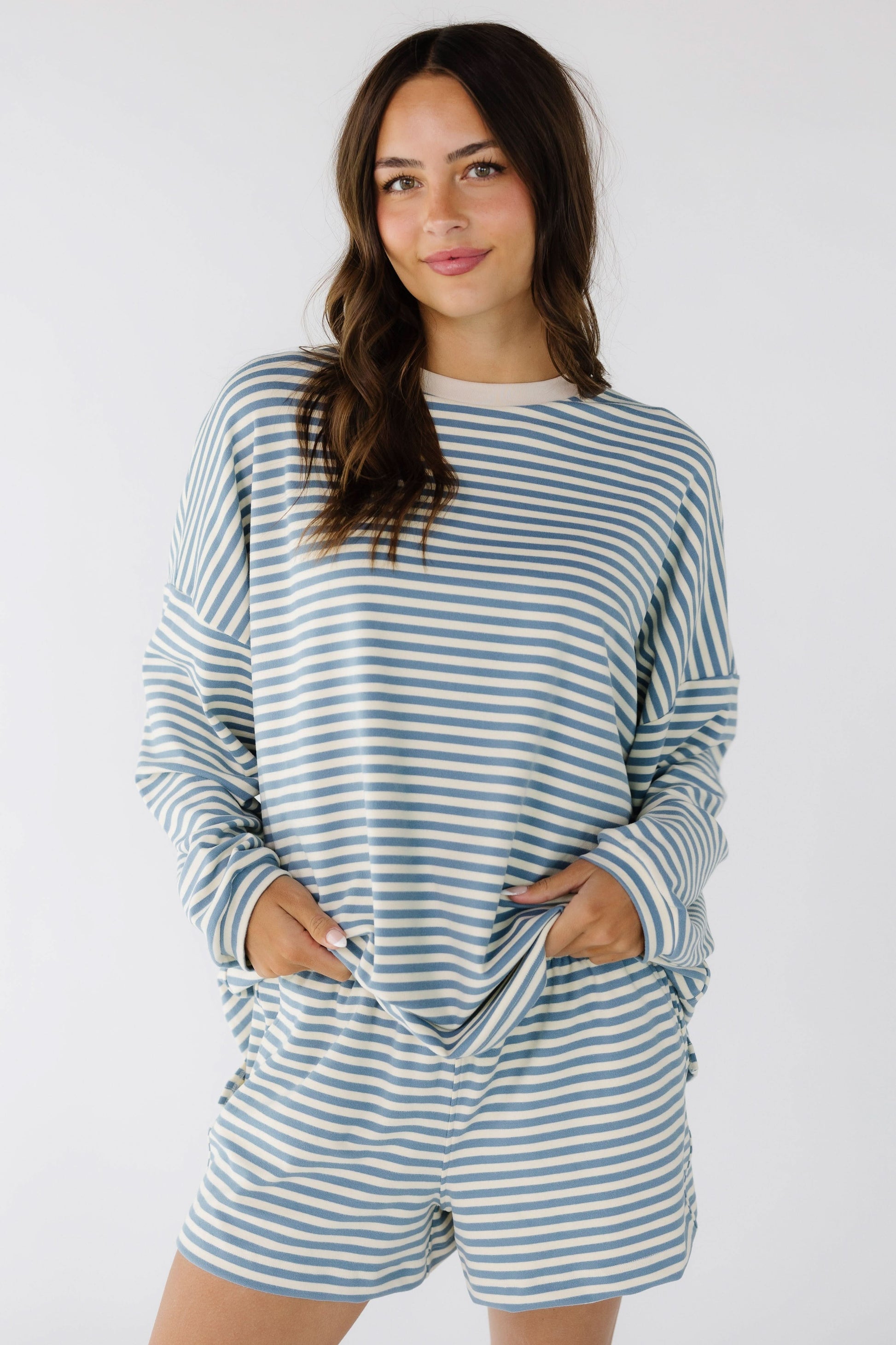 Cutie Everyday Shorts Set in cream & blue stripe for women and teenage girls.