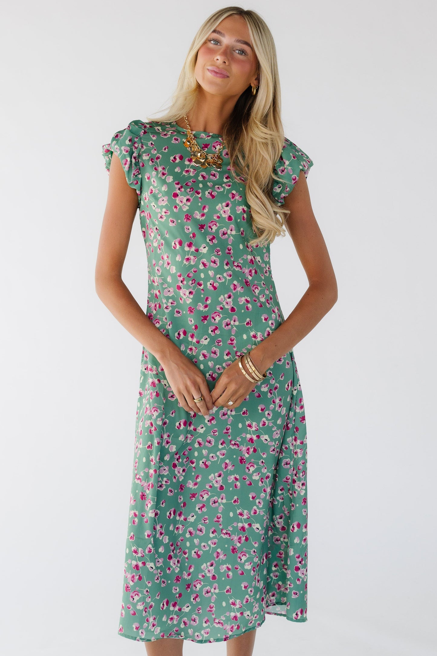 Brass & Roe Tamara Print Dress in green for women & teen girls.