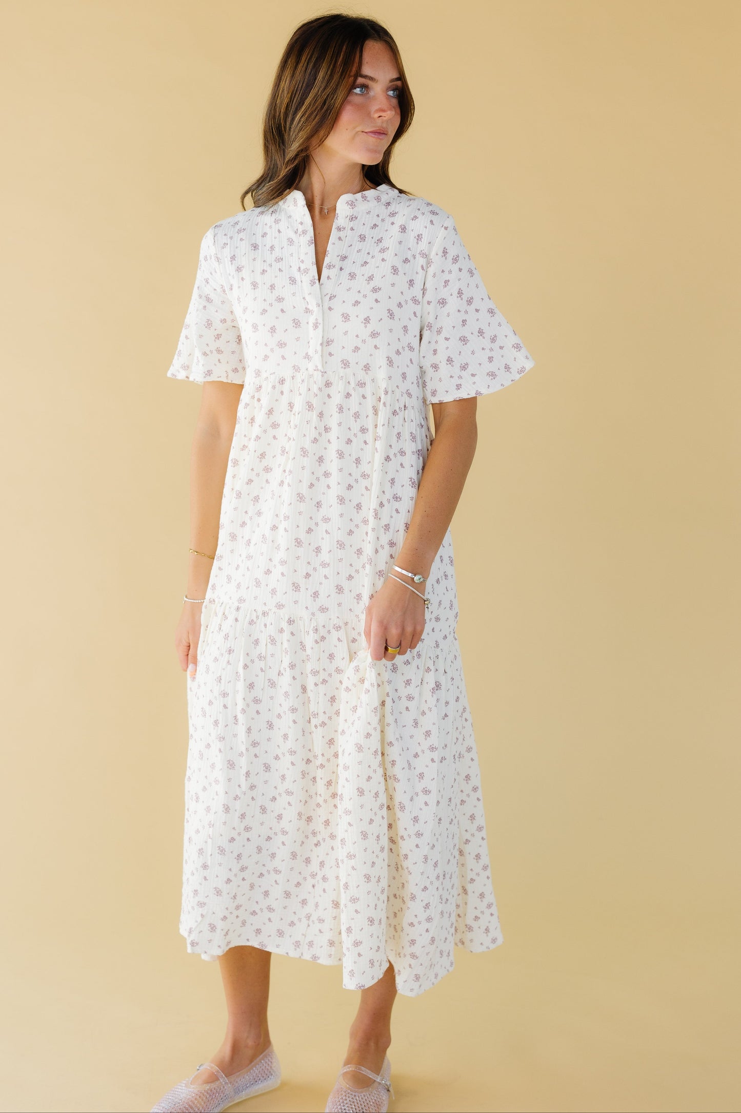 Brass & Roe Pondering Gauze Print Dress in cream & mauve floral print for women and teen girls.