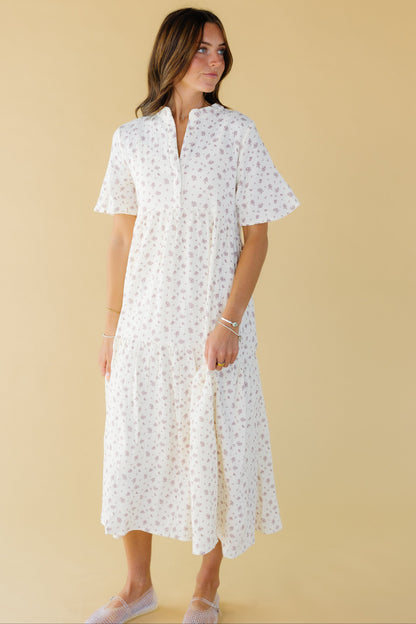 Brass & Roe Pondering Gauze Print Dress in cream & mauve floral print for women and teen girls.