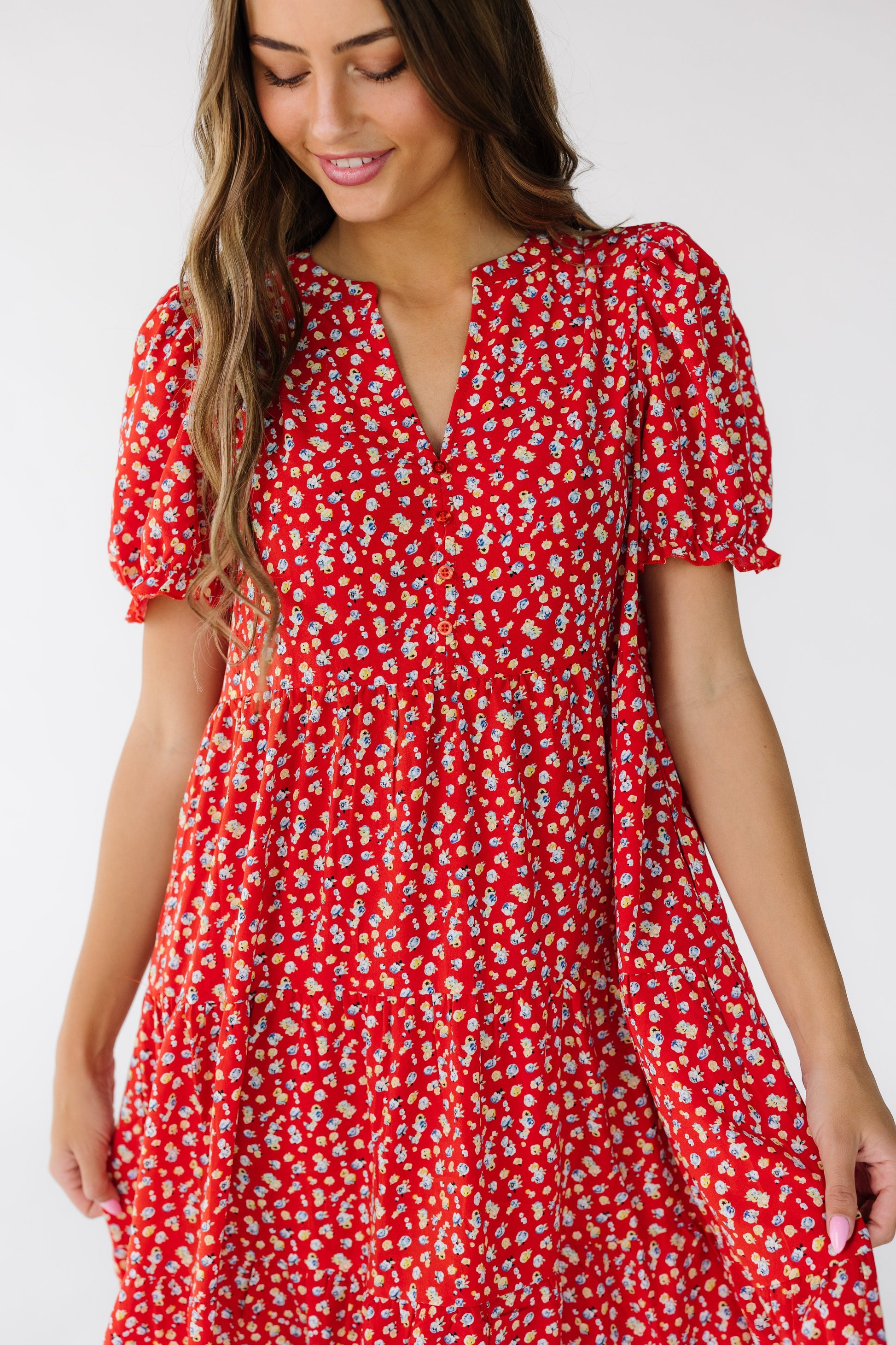 Brass & Roe The Carol Dress in red floral print for women and teens.