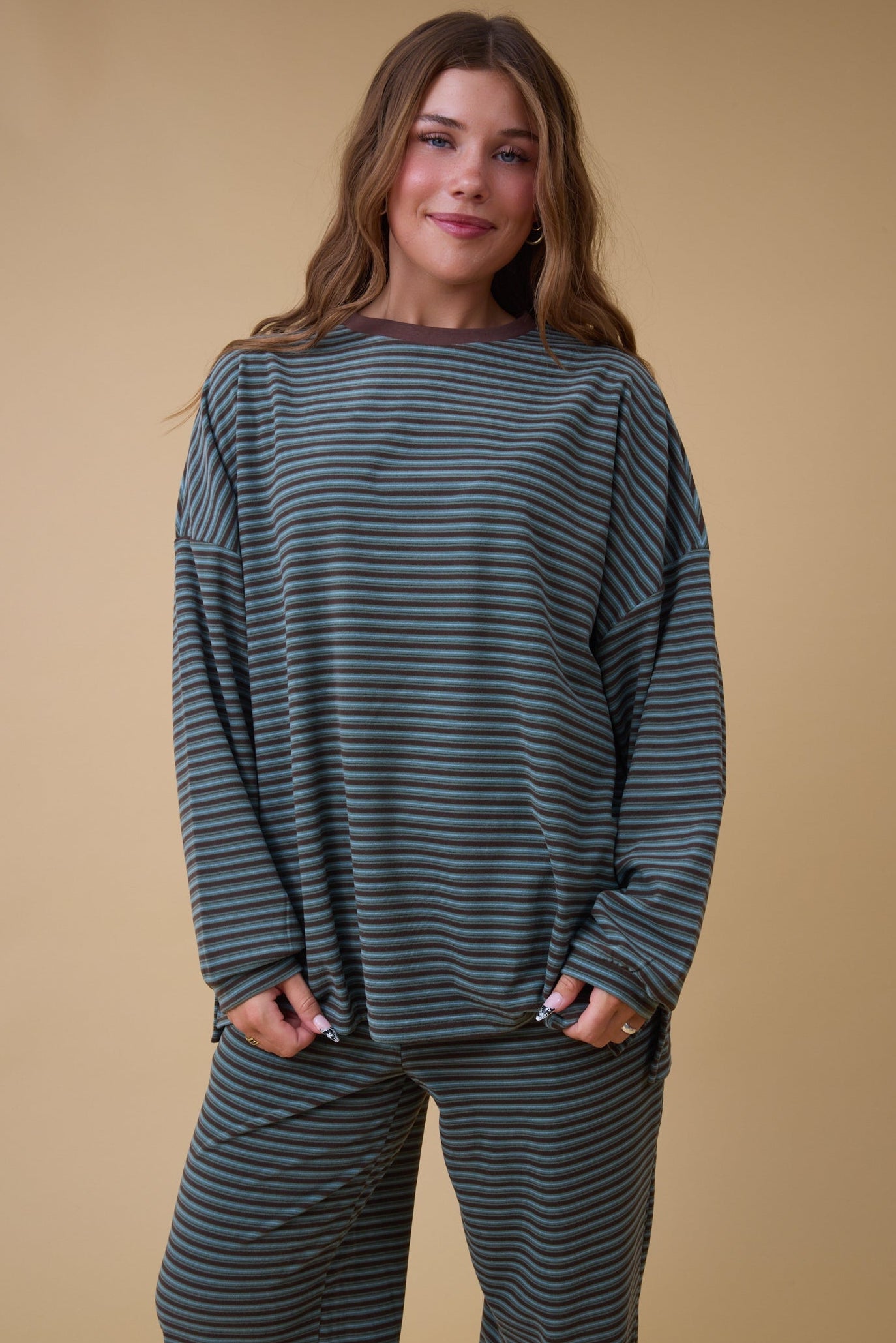 Cutie Everyday Stripe Set Women's Set in teal & brown stripe for woman and teenage girls.