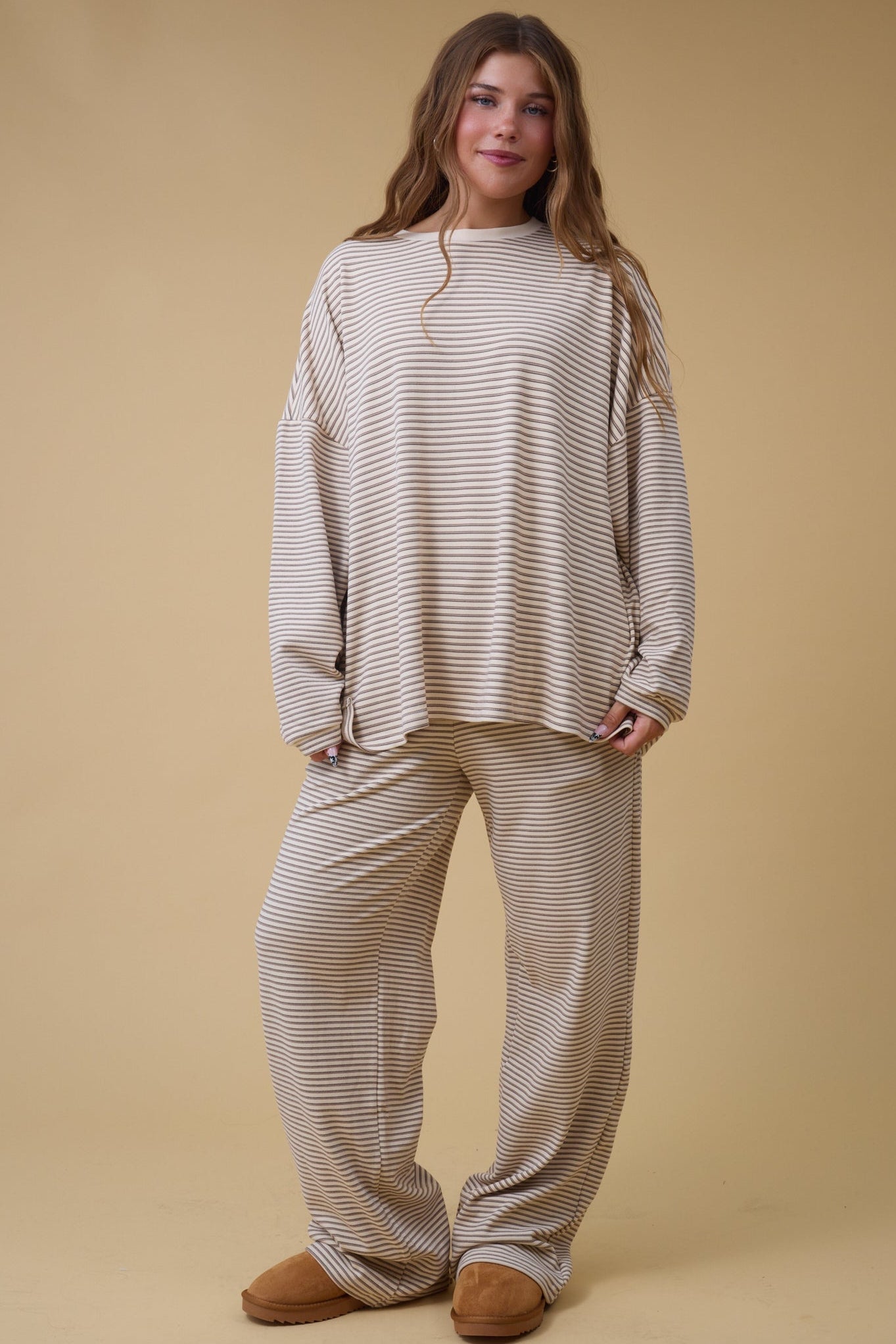 Cutie Everyday Stripe Set Women's Set in marshmellow light tan for women and teenage girls.