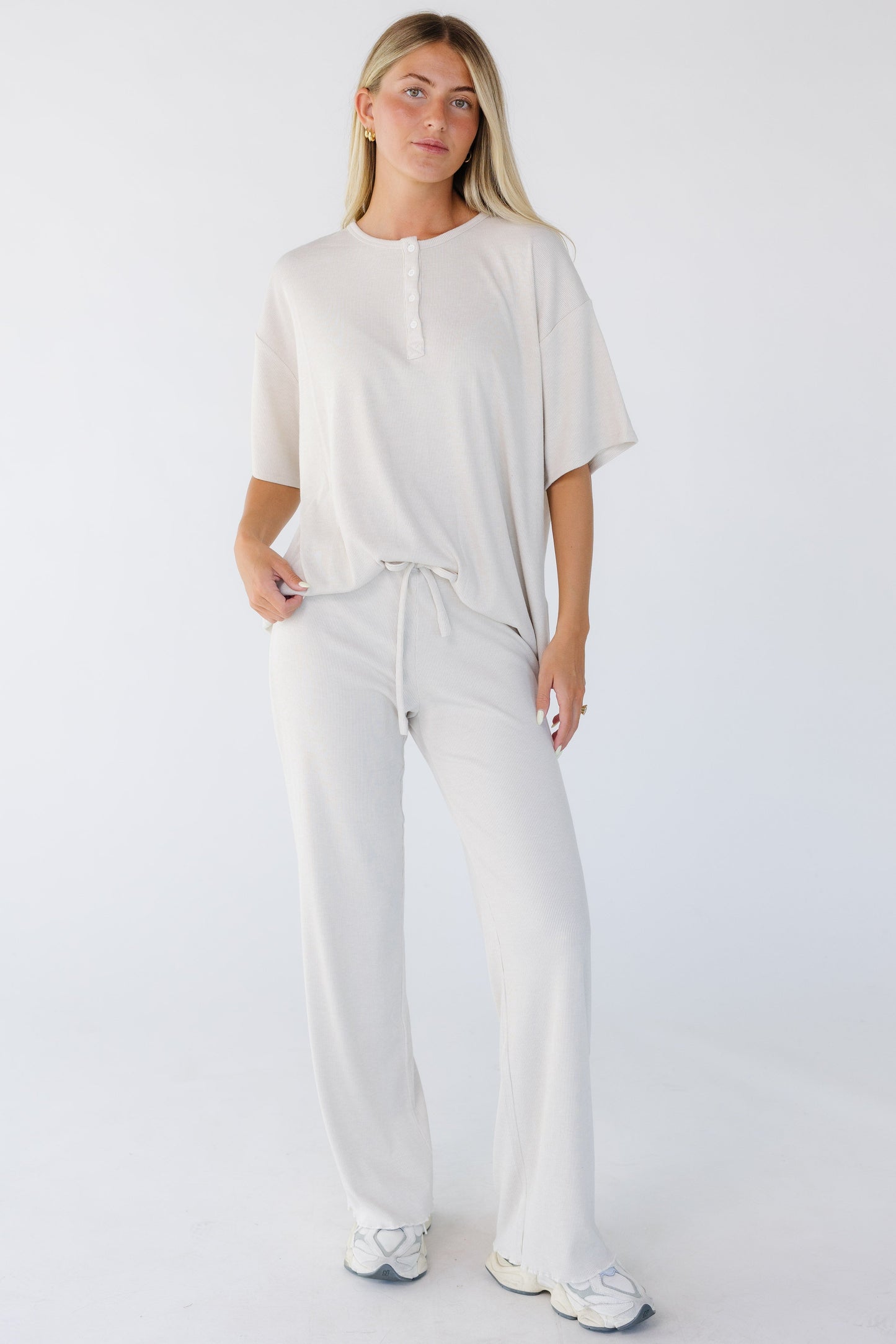 The Jess Ribbed Oversized Henley Tee in beige for women and teen girls.