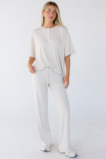 The Jess Ribbed Oversized Henley Tee in beige for women and teen girls.