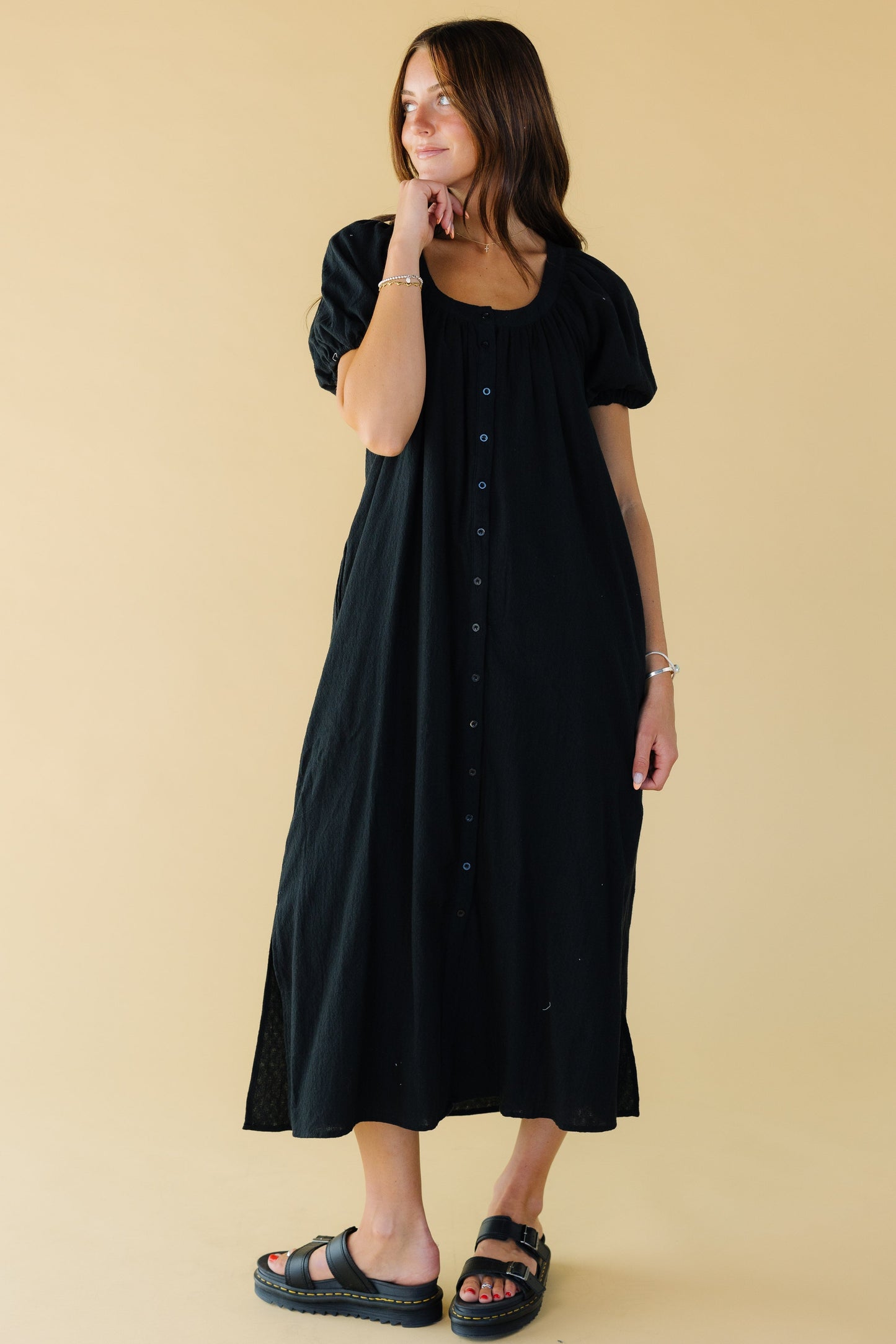 Brass & Roe Daybreak Button Down Dress in black for women and teen girls.