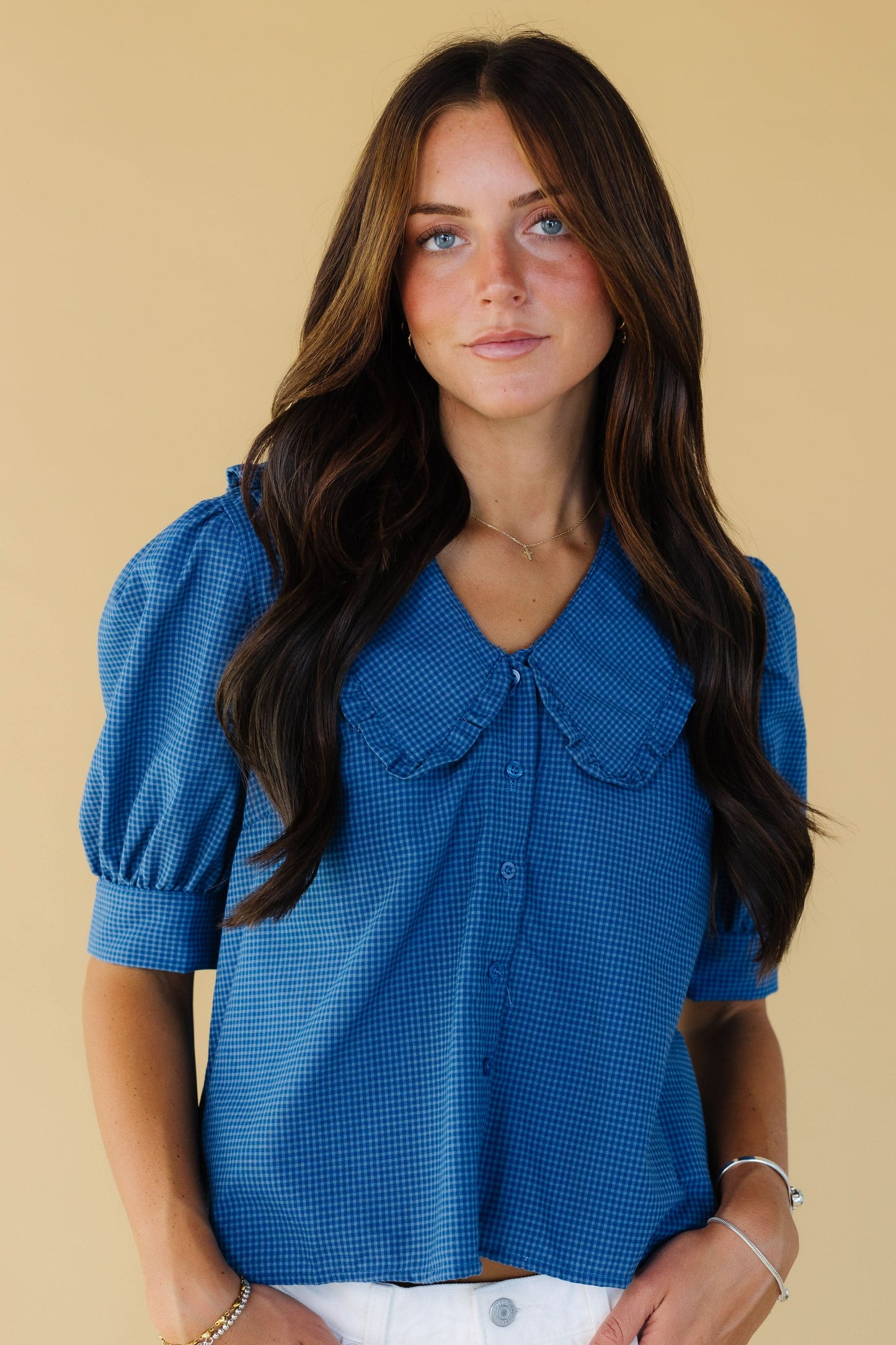 Brass & Roe Gingham Collared Blouse in blue gingham for women and teen girls.
