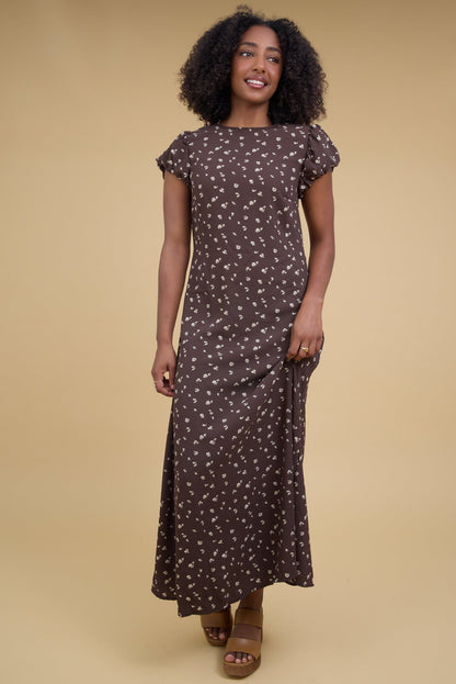 Brass & Roe The Tamara Maxi Dress in brown floral print for women and teenage girls.
