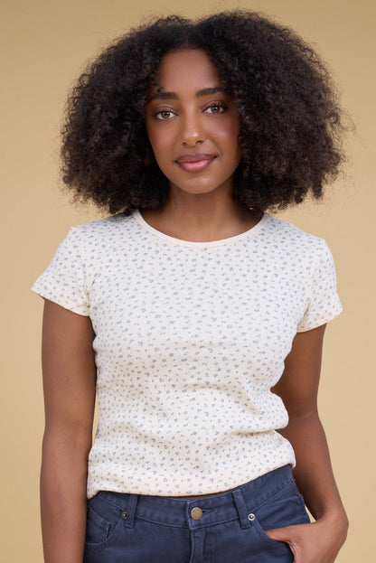 Brass & Roe Brandy Tee in cream & blue floral print for women and teen girls.